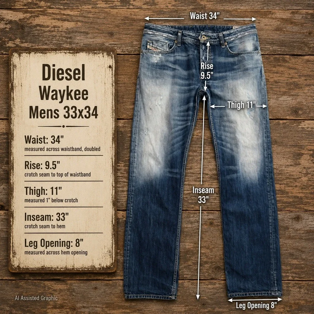 Diesel Waykee Mens 33x34 Regular Straight Jeans Blue Distressed Wash 0810L